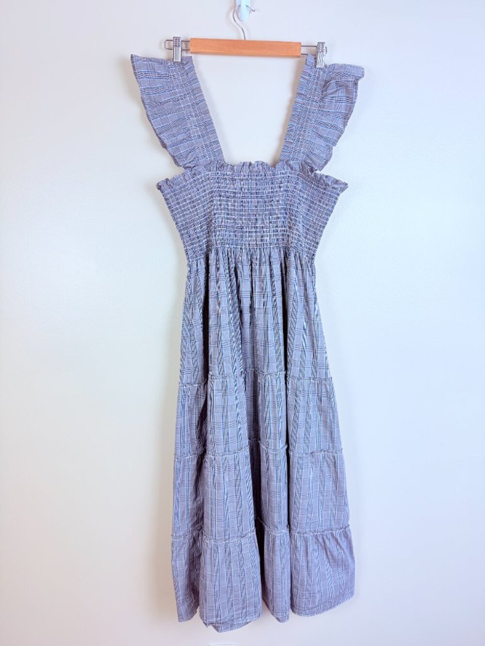 NWOT Hill House Home Plaid Smocked Ruffle Strap Cotton Blend Maxi Dress L